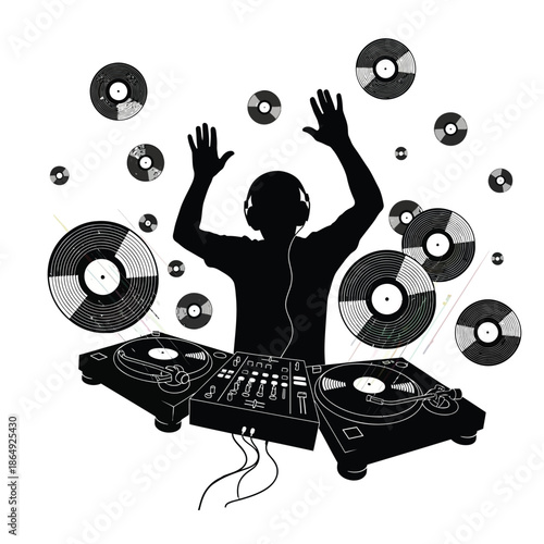 DJ silhouette mixing music with flying vinyl records vector illustration