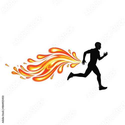 Runner silhouette sprinting fast with fire trail vector illustration