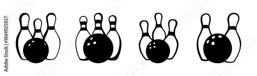 Bowling ball and pins icons, sport game, strike and spare, leisure activity