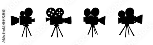 Four vintage film camera icons in black and white silhouette