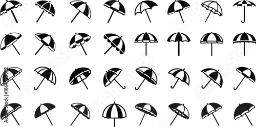 Collection of diverse black and white umbrella icons showcasing various styles and positions