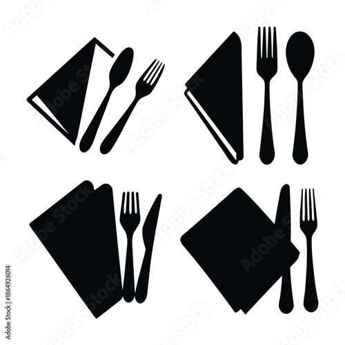 Four distinct black silhouette icons depicting various arrangements of dinnerware and folded napkins for dining settings