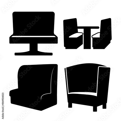 A diverse collection of commercial and restaurant seating furniture silhouettes in black