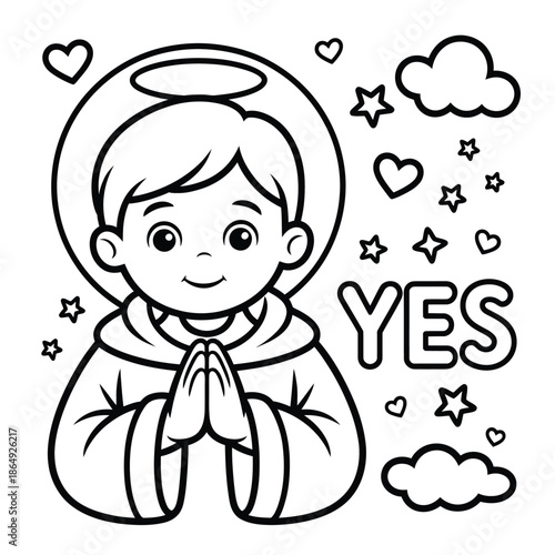 Child praying with stars and hearts isolated on white background, Vector, illustration