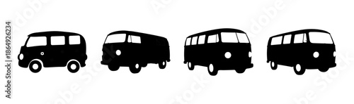 Classic hippie van silhouettes, vintage camper van icons collection