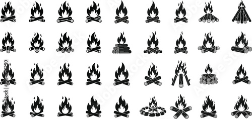 Diverse selection of campfire vector icons, depicting burning logs and flames in a minimalist black silhouette style.