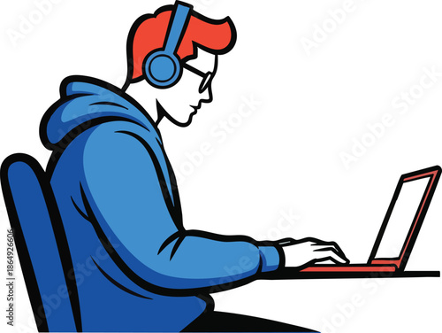Man Working on Laptop Wearing Headphones.