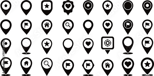 A comprehensive collection of diverse black location pin icons for mapping and navigation applications