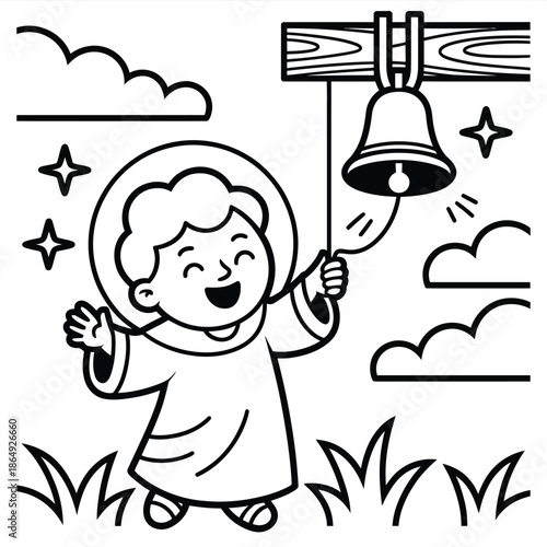 Child ringing bell in field isolated on white background, Vector, illustration