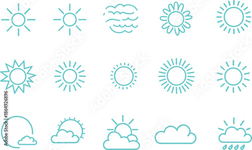 Minimal weather icons illustration set, sun cloud rain symbols, simple outline meteorology graphics, forecast elements, clean vector design isolated