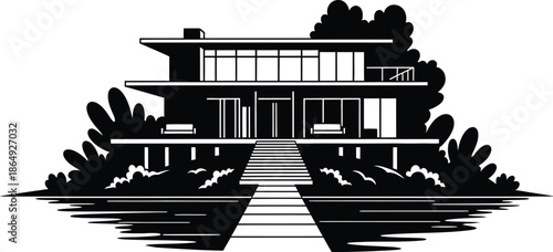 Modern luxury mansion silhouette with symmetrical facade and central pathway, elegant contemporary residential architecture illustration.