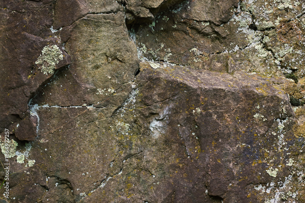 Obraz premium Close-Up of Weathered Brown Rock Surface with Lichen Patches