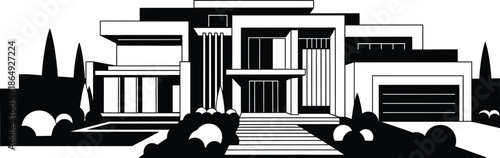 Luxury modern mansion silhouette with wide facade and landscaped driveway, elegant contemporary residential architecture vector illustration.