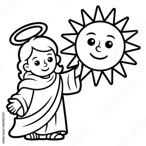 Child holding sun isolated on white background, Vector, illustration