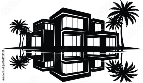Luxury modern tropical villa silhouette with palm trees and water reflection, elegant beachfront residential architecture vector illustration.