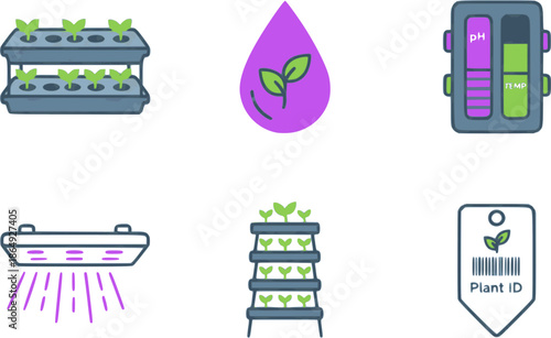 Professional hydroponic and agri-tech icons. Flat vector set featuring grow lights, nutrient sensors, and vertical farm trays. High-quality green and purple graphics isolated on white.