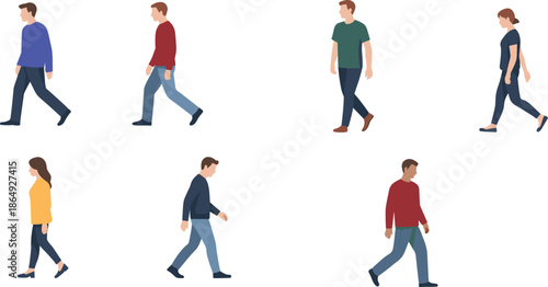 People walking side view set with men and women characters, everyday movement poses, minimalist flat illustration isolated