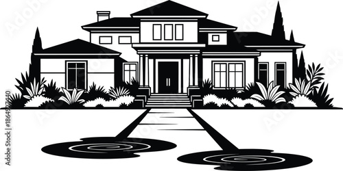 Contemporary luxury house silhouette with circular driveway and landscaped front yard, modern residential home vector illustration.