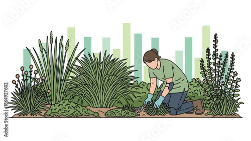 Woman Gardening With Lush Green Plants In Her Yard On A Sunny Day