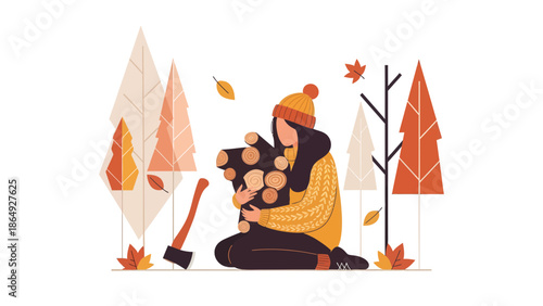 Woman Gathering Wood in Autumnal Forest Illustration For Seasonal Projects