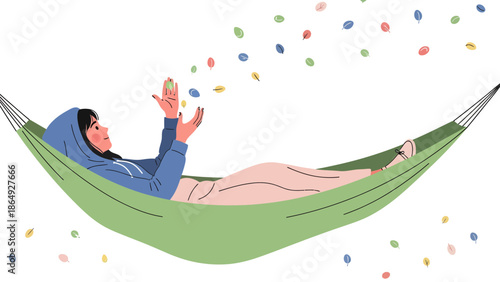 Woman Relaxing In Hammock Enjoying Colorful Leaves Falling Around Her