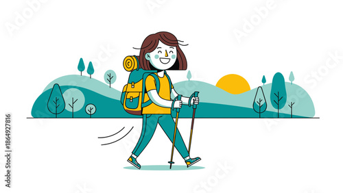 Woman Hiking In Nature Illustration With Backpack And Walking Poles With Sunshine