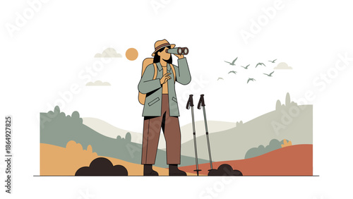 Woman Hiking Through Mountain Using Binoculars In Nature Landscape Exploration