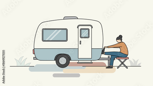 Woman Relaxing Outside Retro Caravan Enjoying The Tranquility Of Outdoor Travel