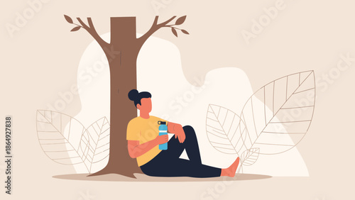 Woman Relaxing Under Tree With Drink Enjoying Nature And Quiet Meditation