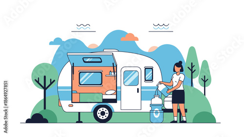 Woman Replenishing Water Supply at Recreational Vehicle During Summer Trip