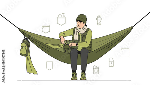Woman Resting In Hammock Preparing Equipment For Outdoor Adventure Trip