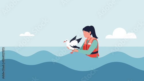 Woman In Life Jacket Holding A Seagull On The Ocean In Graphic Style