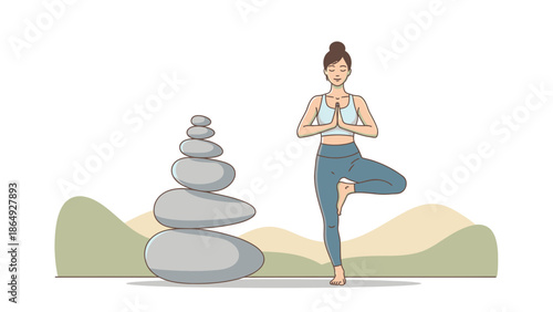 Woman In Tree Pose Beside Stacked Stones Depicts Serenity And Well-Being