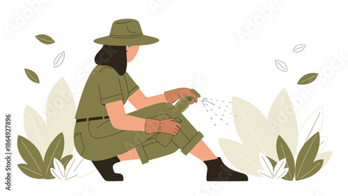 Woman In Safari Outfit Sprays Plants For Pest Control In Garden