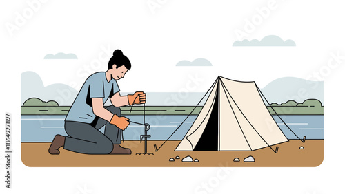 Woman Is Pitching A Tent Near The Lake At Campground On A Sunny Day