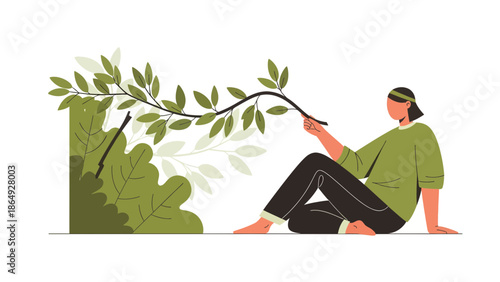 Woman Sitting Contemplatively Near Green Foliage In Serene Harmony Setting