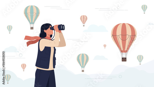 Woman Looks At Hot Air Balloons Flying In The Sky Using Binoculars