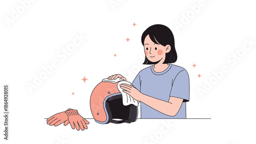 Woman Maintaining Her Motorcycle Helmet With Care And Attention To Detail