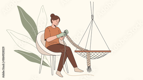 Woman Making Macrame Decor At Home In Her Free Time Creativity Process
