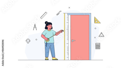 Woman Measures Door Frame with Tape Measure for Renovation or Construction Project