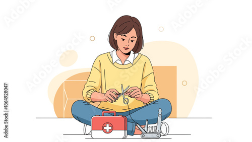 Woman Sitting On Floor Fixing Headphones With Toolbox And Tools Repairing