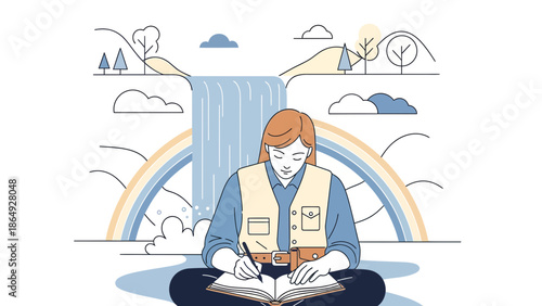 Woman Sitting In Front Of Waterfall And Rainbow Writing In Journal