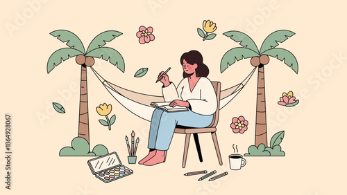 Woman Sketching In A Relaxing Tropical Setting With Palm Trees And Flowers
