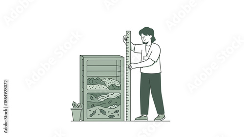 Woman Measuring Compost Bin Progress Illustration On Isolated Background