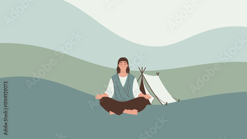 Woman Meditating Beside Her Tent On A Mountain In Nature