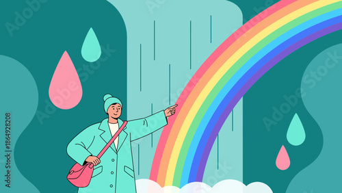 Woman Observing Rainbow In Abstract Nature Scene With Raindrops And Waterfall