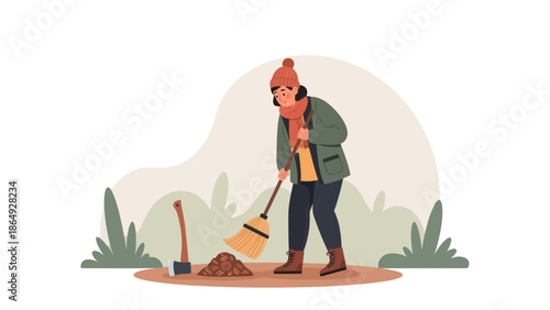 Woman Sweeping Leaves In Autumnal Outdoor Environment During Fall Season