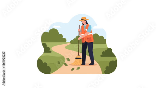 Woman Sweeping Leaves On Rural Path In Park With Broom Illustration