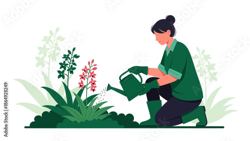 Woman Taking Care Of Plants In The Garden And Watering Flowers Illustration