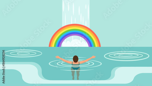 Woman Swims Under The Waterfall With Rainbow Summer Leisure Activity